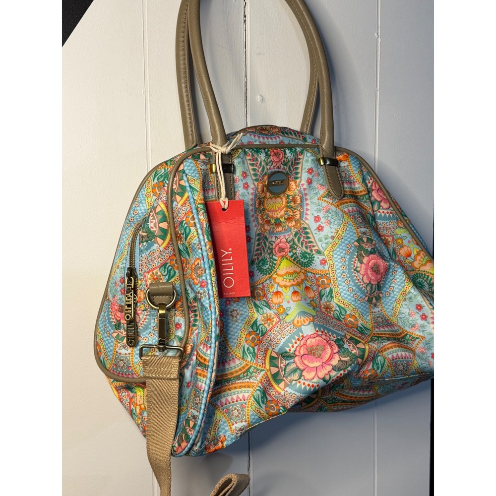 Oilily Multicolor Floral Paisley Shoulder Bag with Tan Handles - Picture 3 of 13